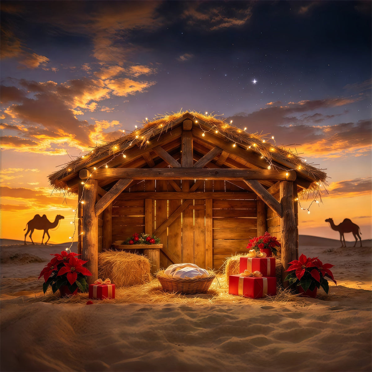 Fond De Crèche De Noël Étable Désert Grange Coucher Soleil GQ69-114