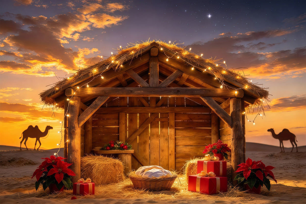 Fond De Crèche De Noël Étable Désert Grange Coucher Soleil GQ69-114