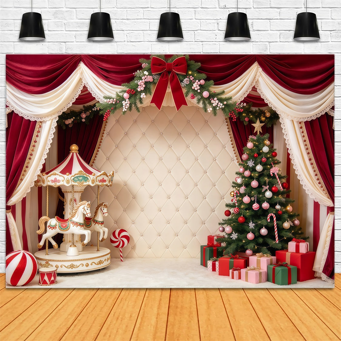 Fond Photo De Noël Famille Carrousel Velours Sapin GQ69-115