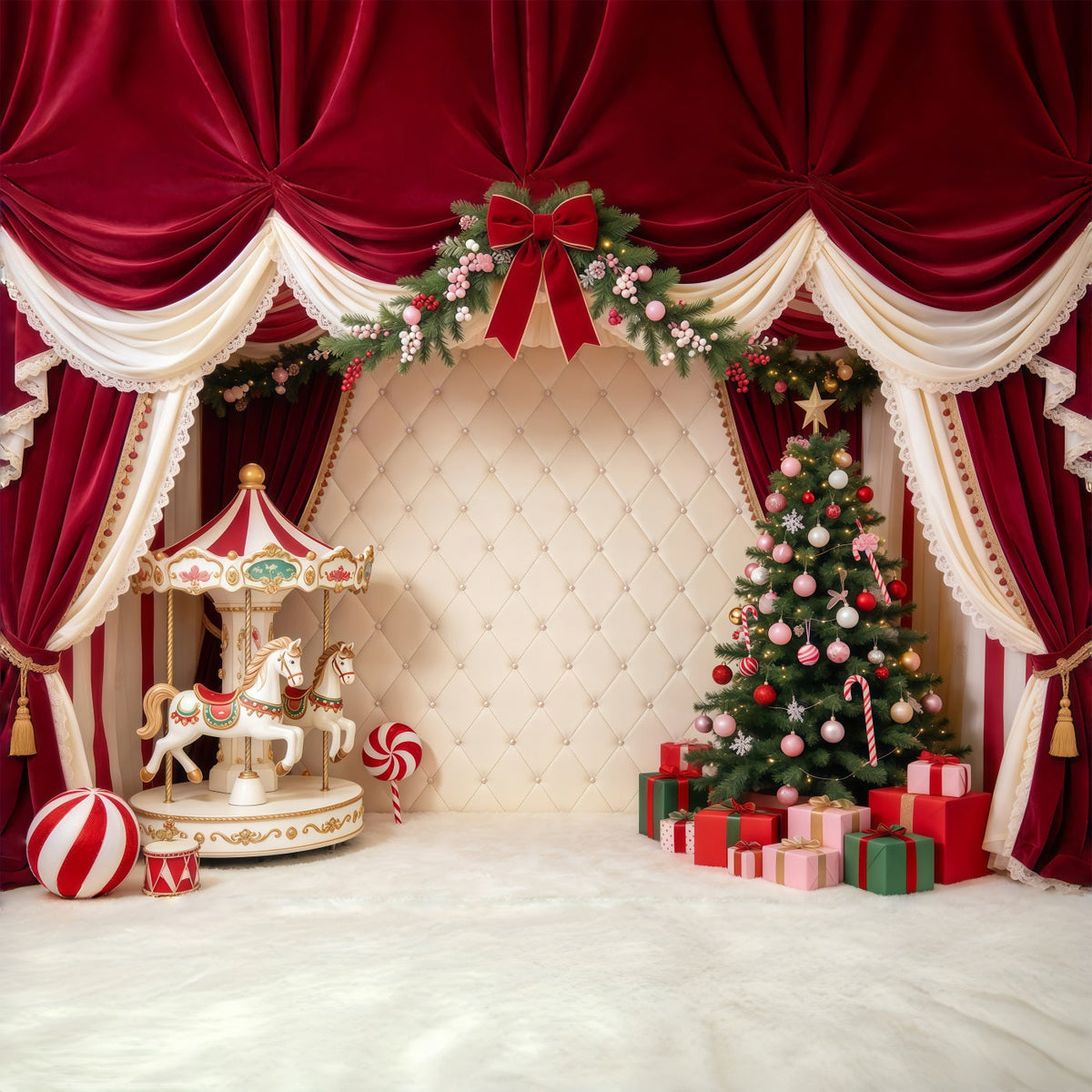 Fond Photo De Noël Famille Carrousel Velours Sapin GQ69-115
