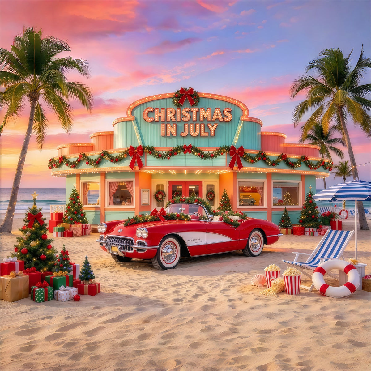 Fond Photo De Noël Tropical Voiture Festive Sapin Mariage GQ69-117