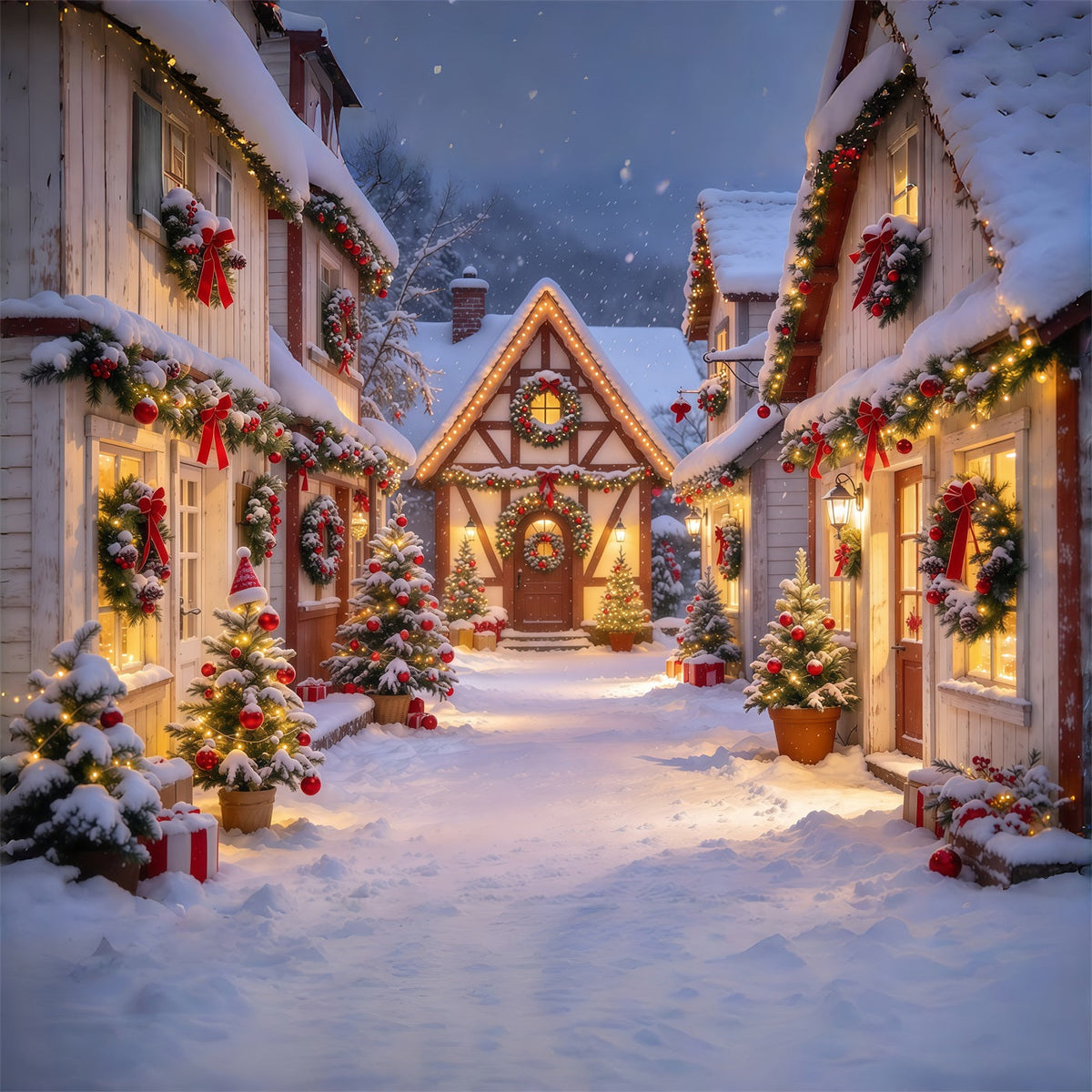 Fond De Noël Village Rue Guirlande Enneigée GQ69-118