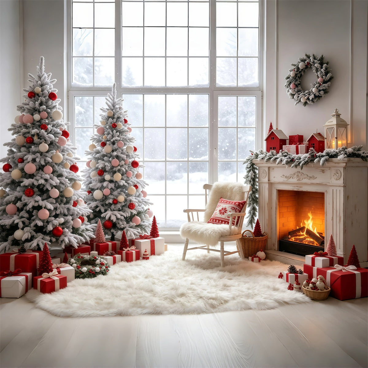 Décor De Vitrine De Noël Salle De Cheminée Pink Tree Fond Mural De Noël GQ69-12