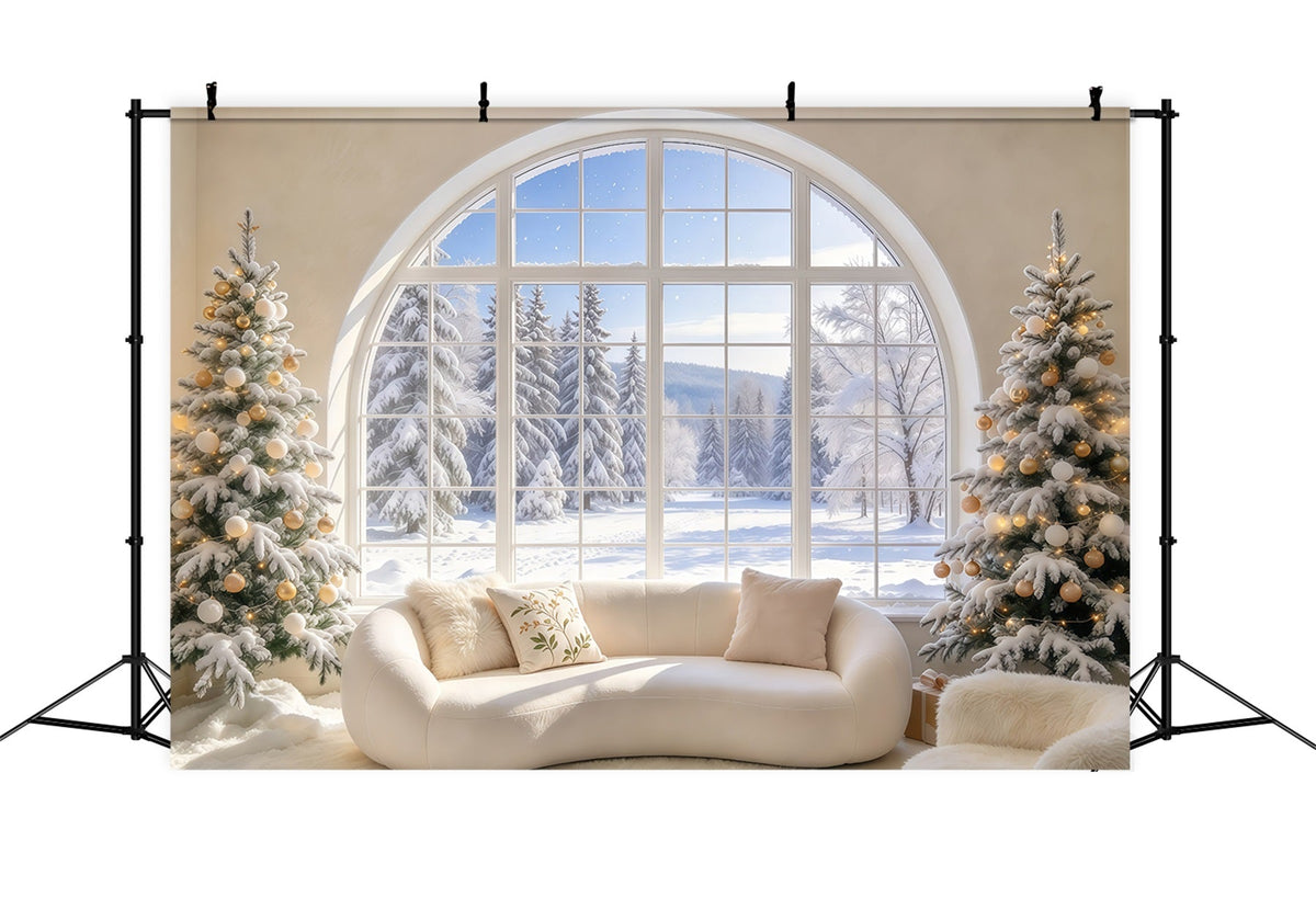 Fond De Noël Salon Fenêtre Arquée Enneigée Cadeaux GQ69-120