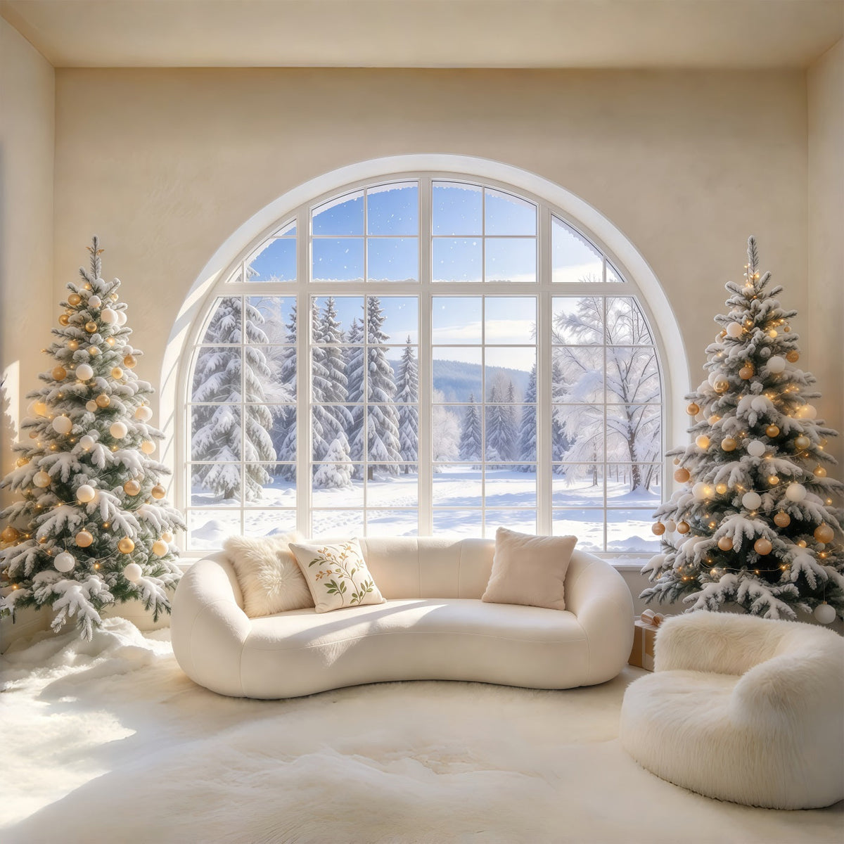 Fond De Noël Salon Fenêtre Arquée Enneigée Cadeaux GQ69-120