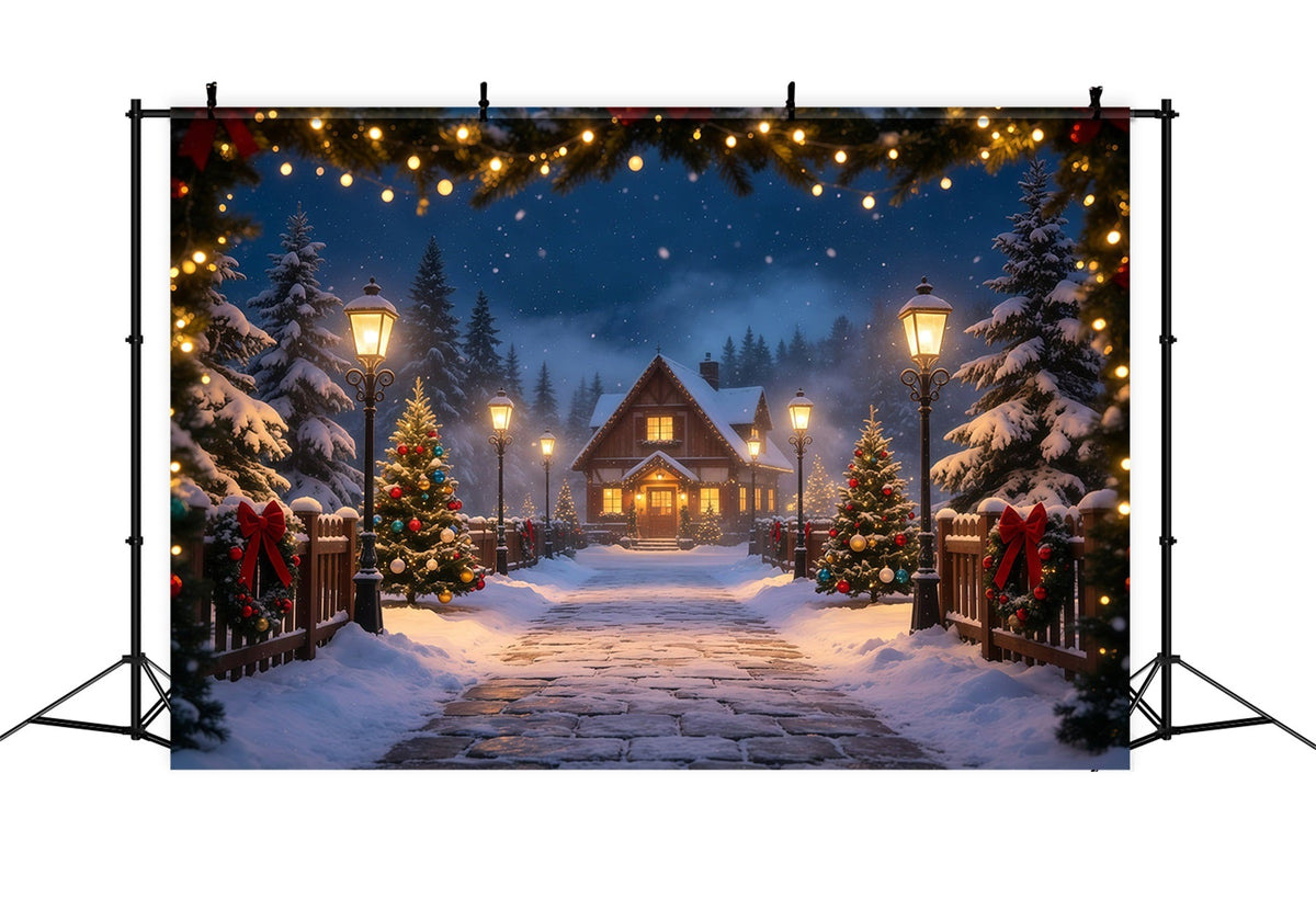 Décor De Noël D'Hiver Chemin Du Chalet Dans La Forêt Enneigée Fond En Mousseline De Noël GQ69-14