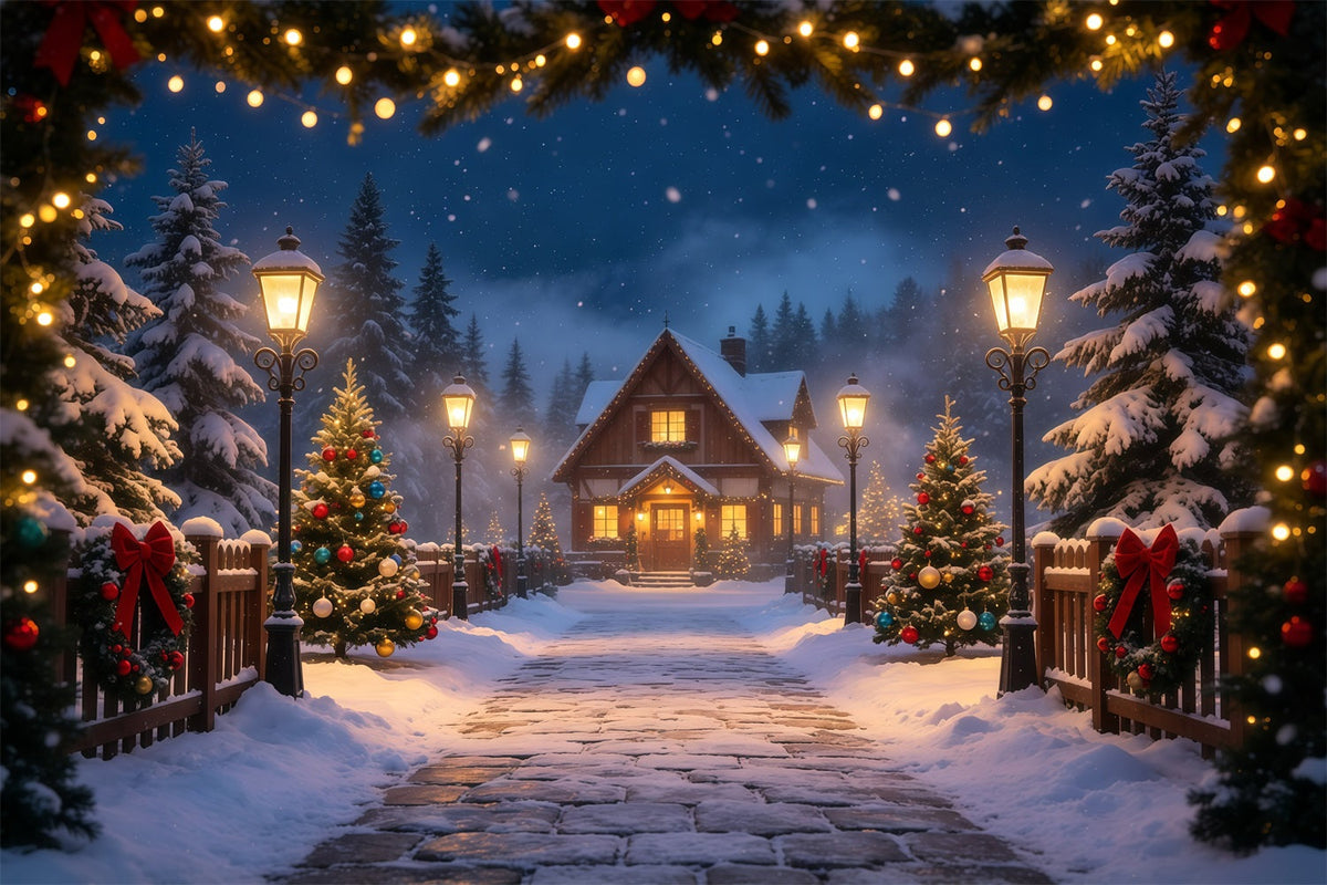 Décor De Noël D'Hiver Chemin Du Chalet Dans La Forêt Enneigée Fond En Mousseline De Noël GQ69-14