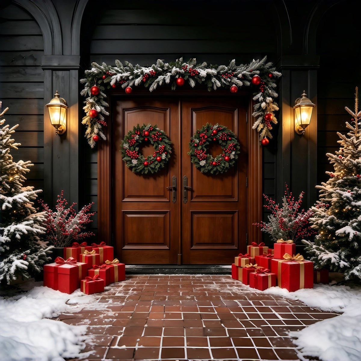 Fond Sombre De Noël Porte En Bois À Double Couronne Décors Photographiques De Noël GQ69-15