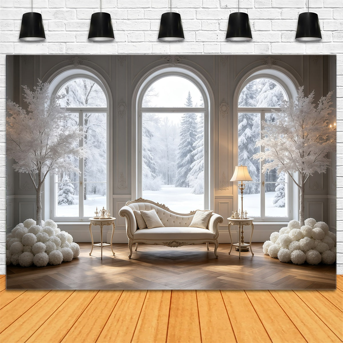 Décor De Noël Élégant Chambre Avec Fenêtre Blanche D'Hiver Toiles De Fond En Mousseline De Noël GQ69-16