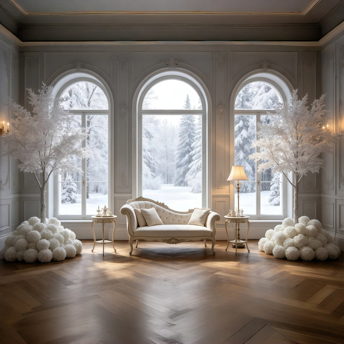 Décor De Noël Élégant Chambre Avec Fenêtre Blanche D'Hiver Toiles De Fond En Mousseline De Noël GQ69-16