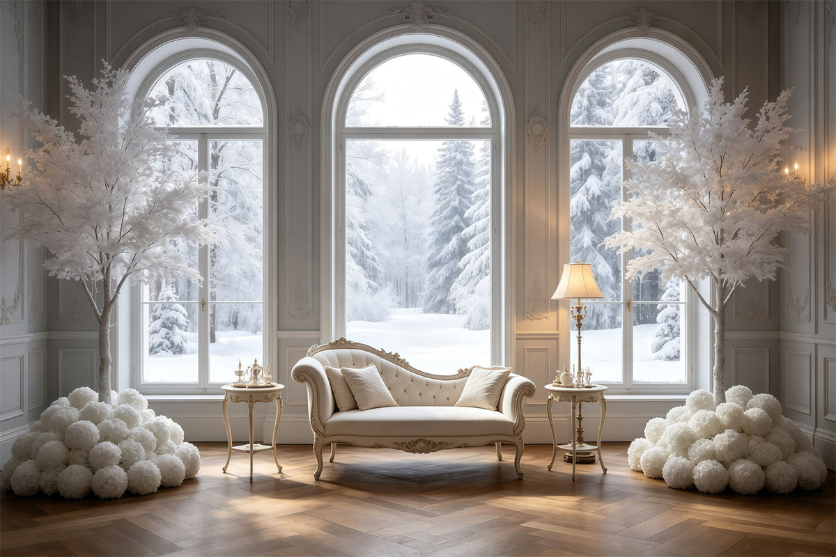 Décor De Noël Élégant Chambre Avec Fenêtre Blanche D'Hiver Toiles De Fond En Mousseline De Noël GQ69-16