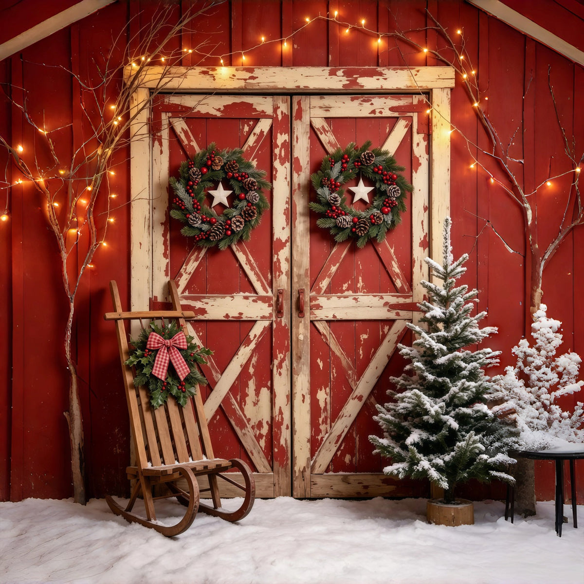 Décor De Porte De Noël Grange Rouge Rustique Enneigée Décors Photo De Noël GQ69-22