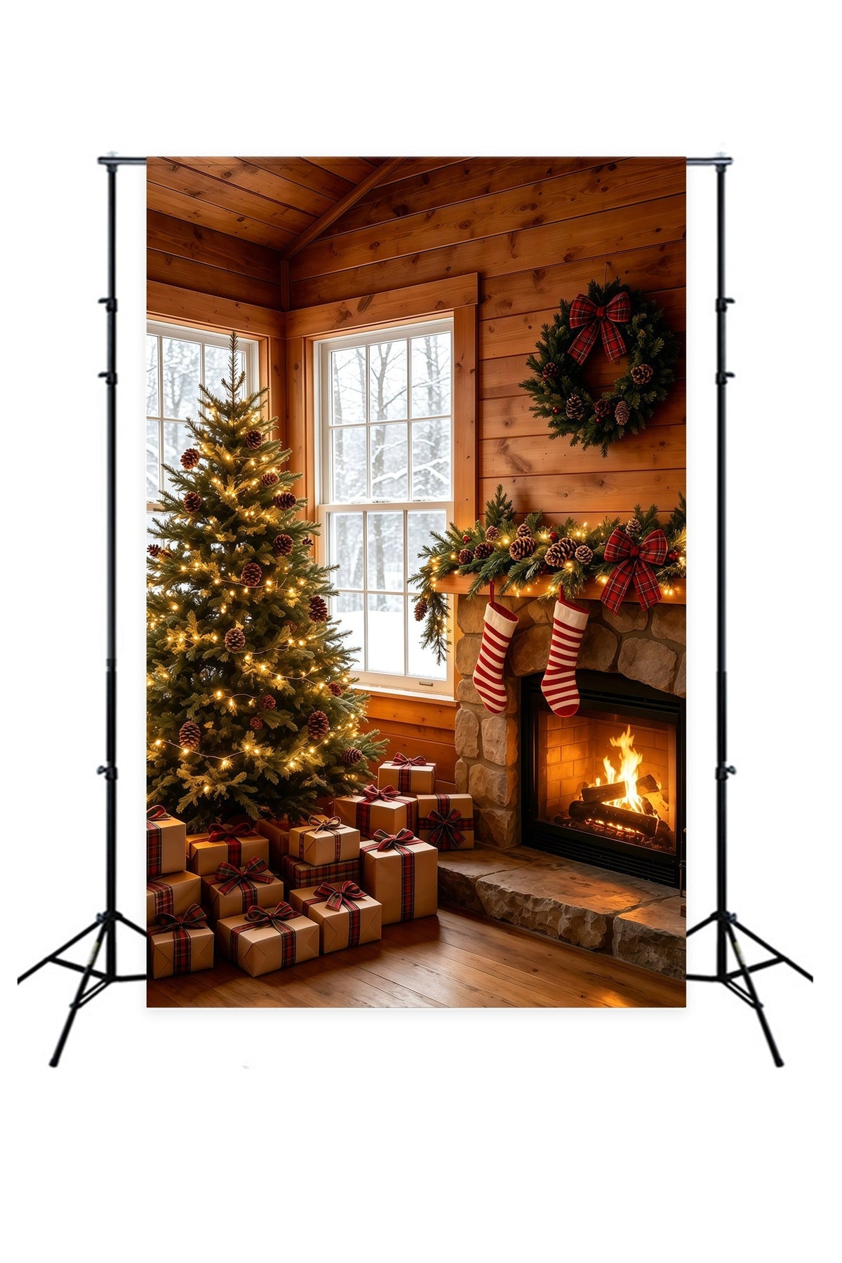 Décor De Noël Rustique Cheminée Confortable Dans Un Chalet Décor De Noël GQ69-23