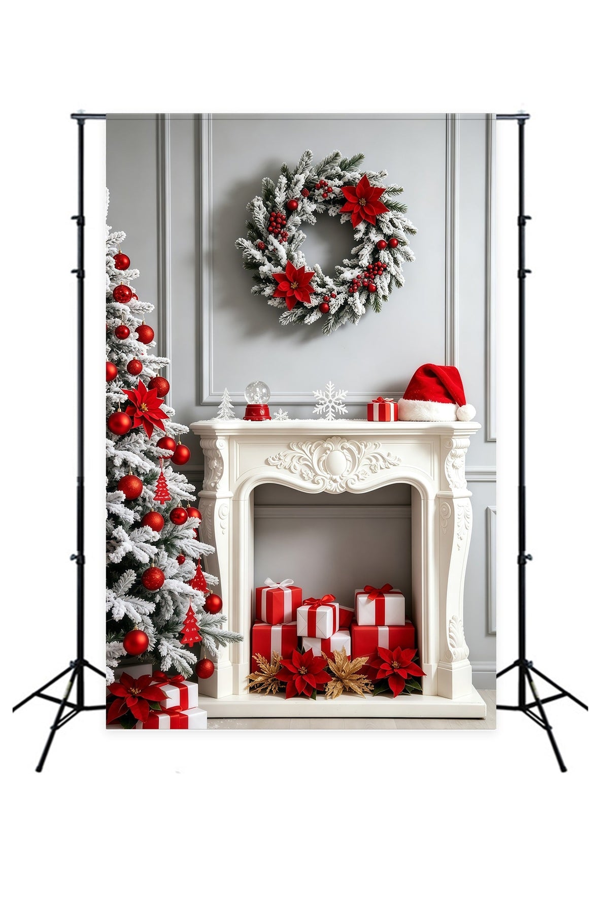 Décor De Cheminée Pour Noël Décoration De Cheminée En Poinsettia Blanc Fond Photo De Noël GQ69-27