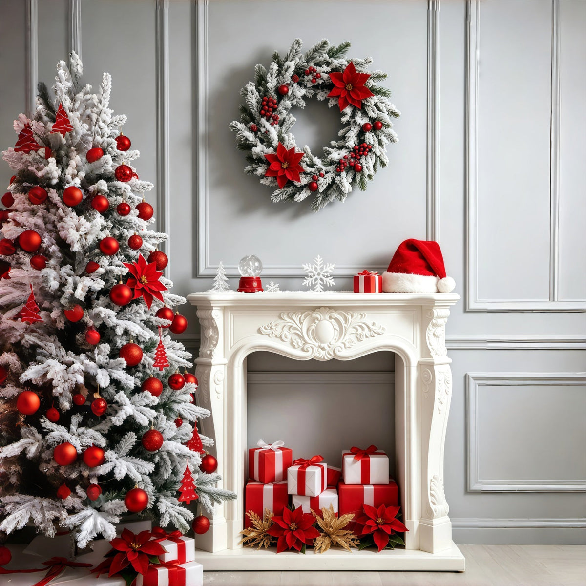 Décor De Cheminée Pour Noël Décoration De Cheminée En Poinsettia Blanc Fond Photo De Noël GQ69-27