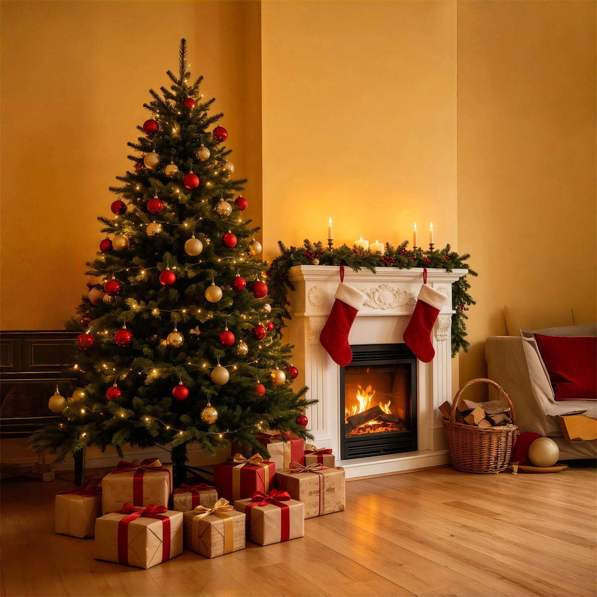 Décor De Noël Chaleureux Coin Cheminée Dorée Décors Photo De Noël GQ69-35