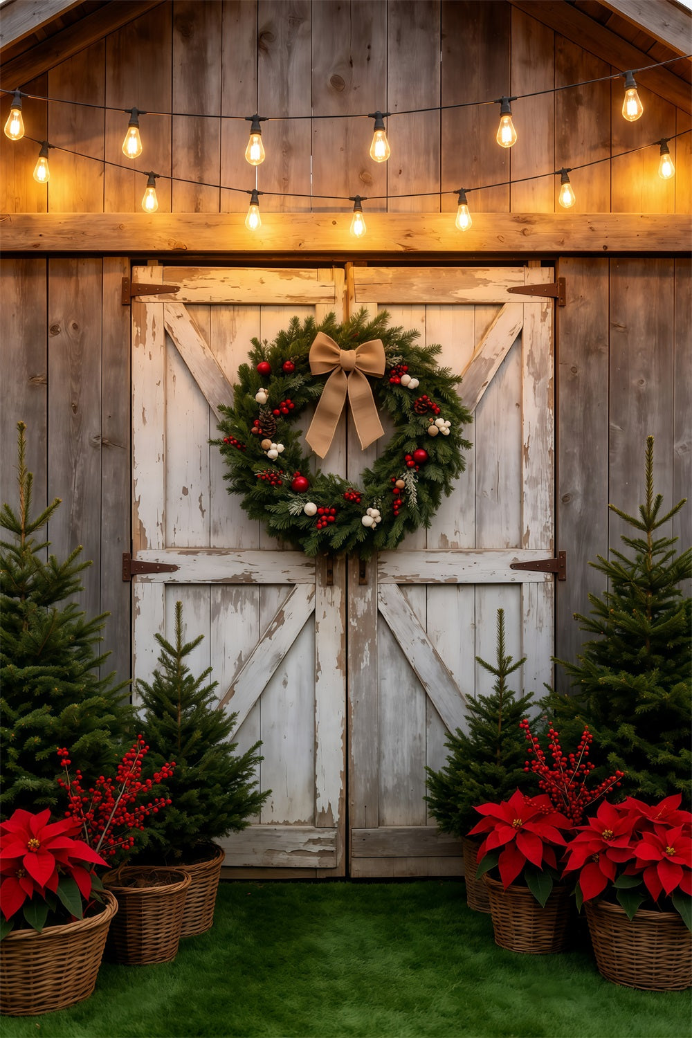 Décor De Ferme De Sapins De Noël Couronne Rustique De Porte De Grange Fond Photographique De Noël GQ69-38