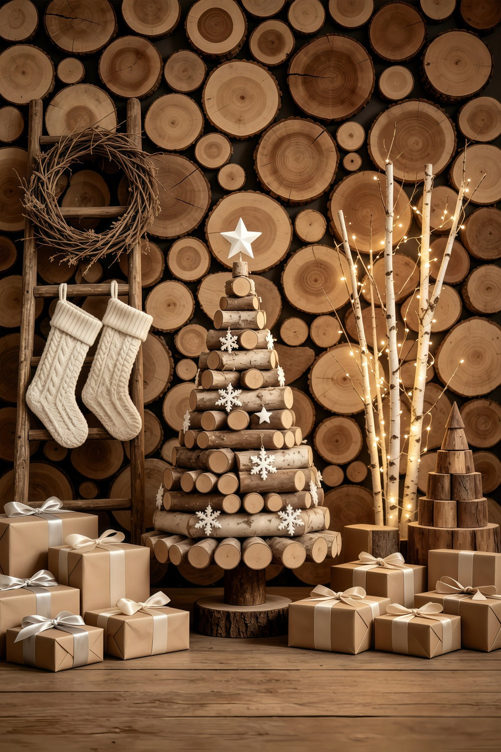 Décor De Noël Rustique Arbre Mural En Rondins De Bois Fond En Mousseline De Noël GQ69-47