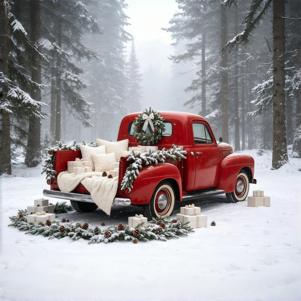 Fond De Camion De Noël Forêt De Voitures Rouges Vintage Décor De Noël Pour Studio GQ69-5