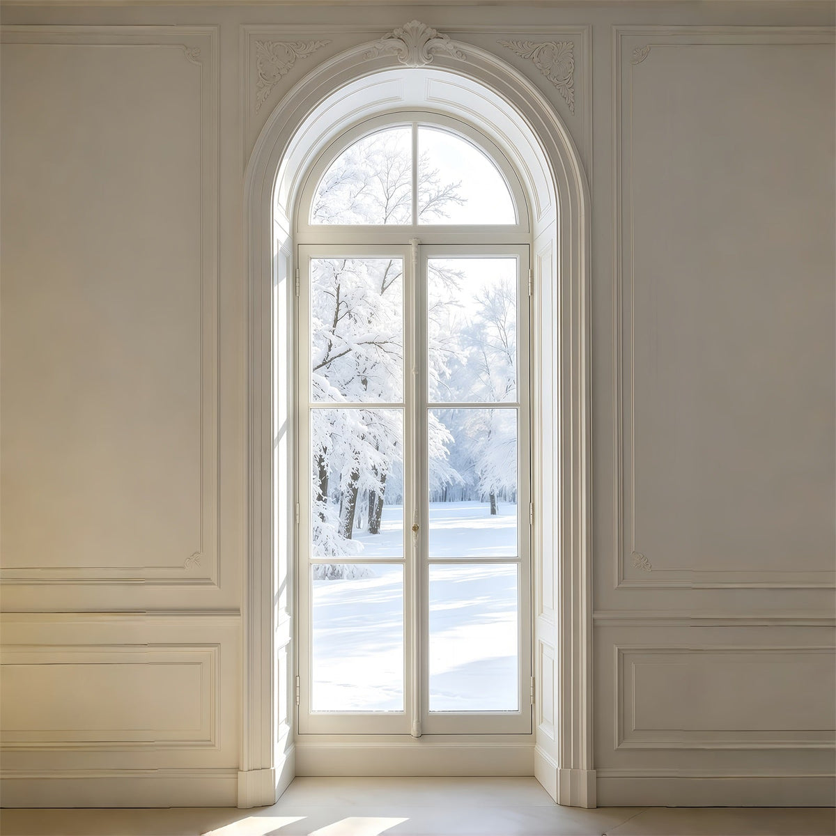 Fond Blanc De Noël Vue Élégante Depuis Une Fenêtre Cintrée Fond Mural De Noël GQ69-51