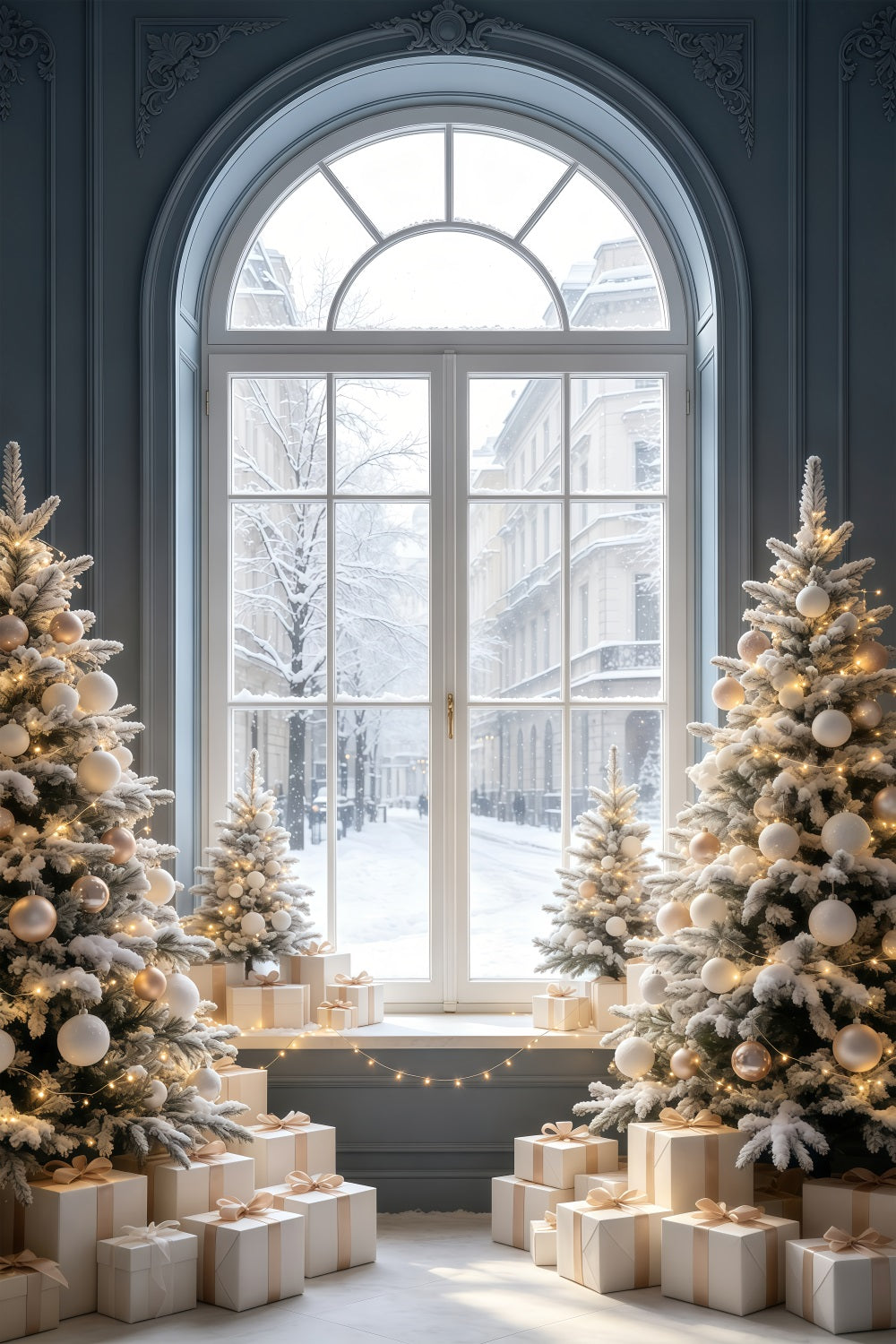 Décor De Vitrine De Noël Arbre De La Rue Enneigée Fond De Noël En Mousseline GQ69-52