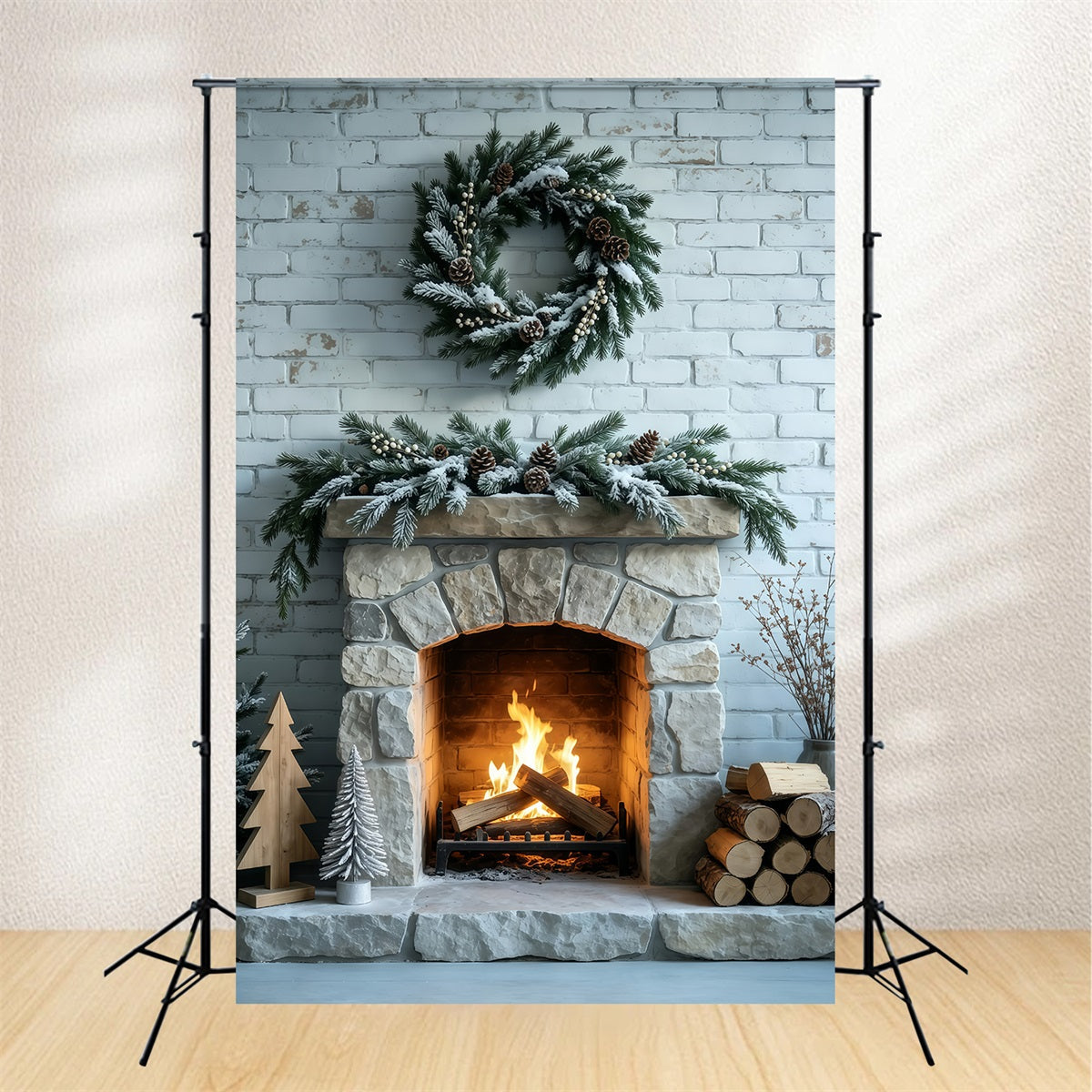 Fond De Cheminée De Noël Mur De Briques Orné D'Une Guirlande Givrée Fond En Mousseline De Noël GQ69-53