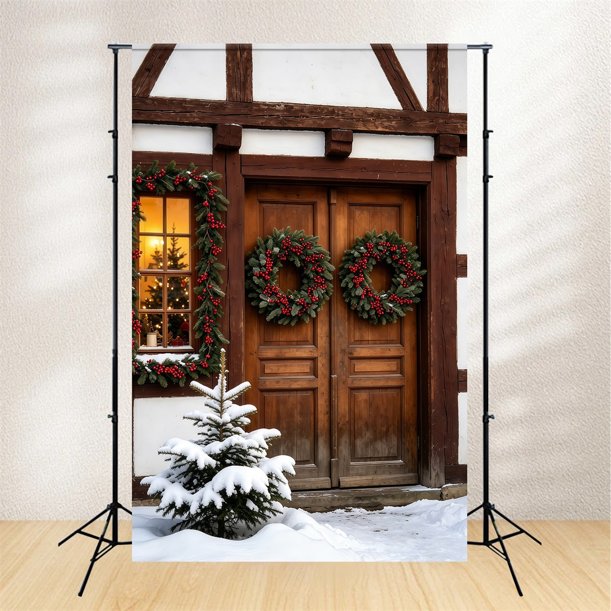 Décor En Bois De Noël Promenade En Traîneau Enneigée Décors Photographiques De Noël GQ69-63