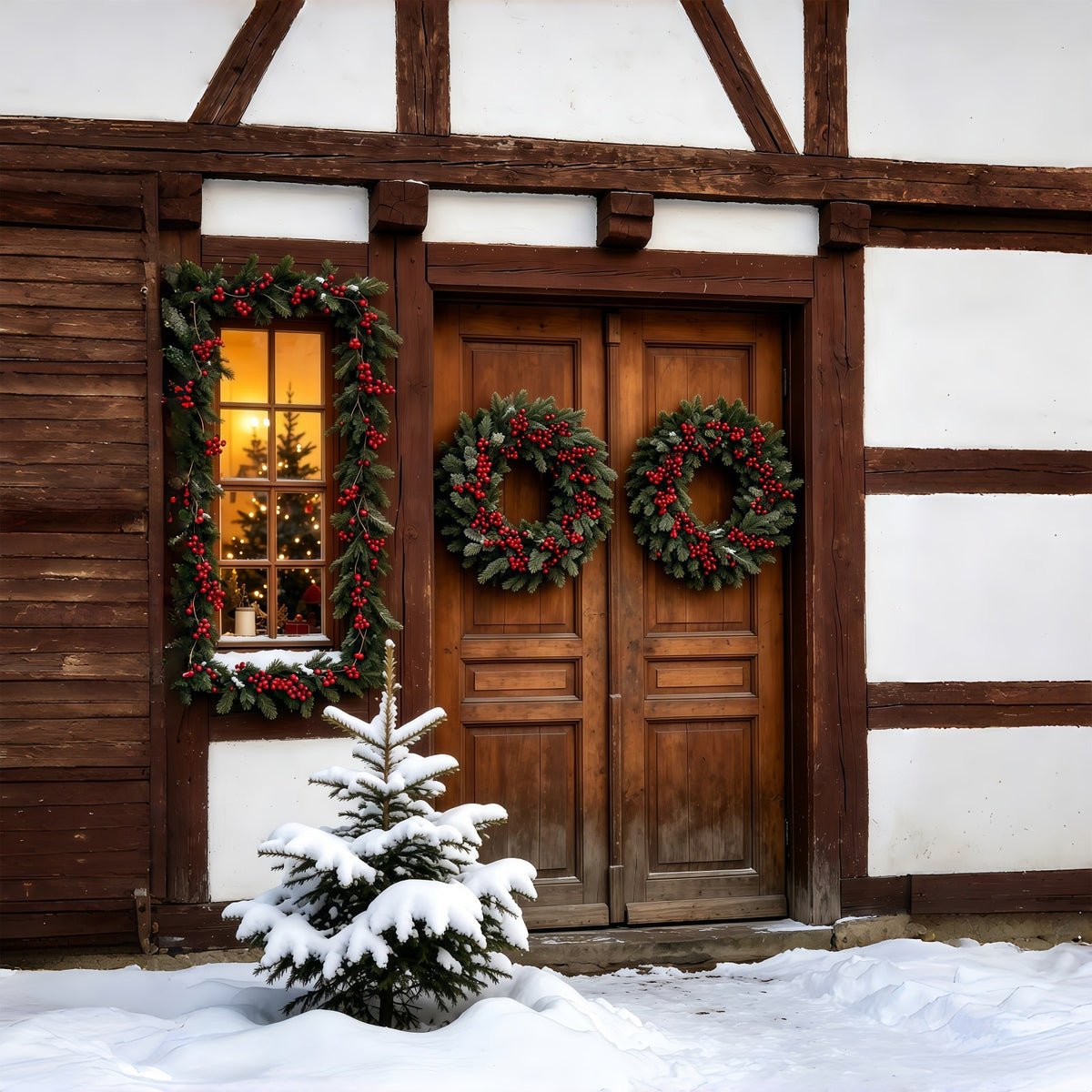 Décor En Bois De Noël Promenade En Traîneau Enneigée Décors Photographiques De Noël GQ69-63