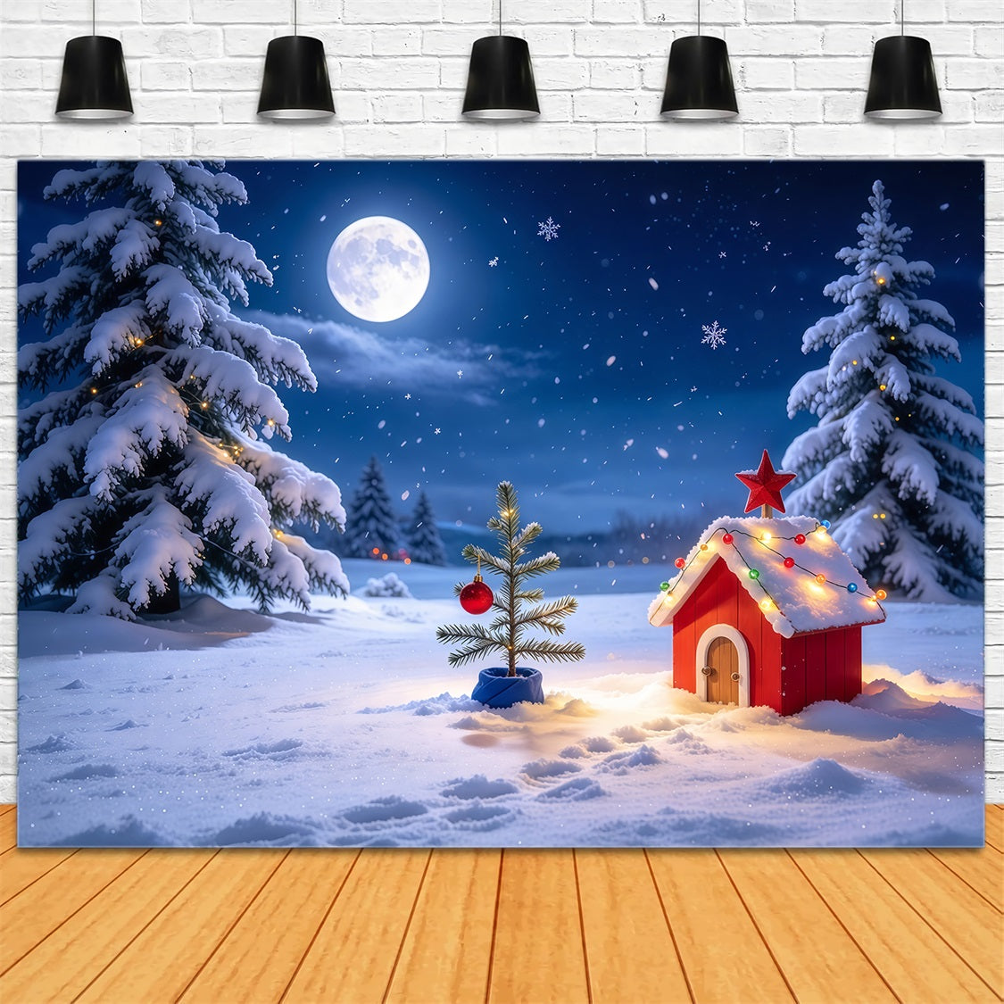 Fond De Noël Cottage Enneigé Au Clair De Lune GQ69-73