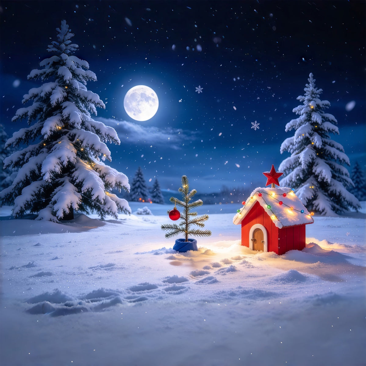 Fond De Noël Cottage Enneigé Au Clair De Lune GQ69-73