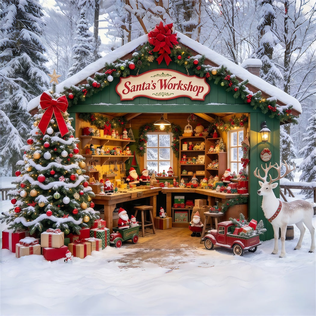 Fond Photo Père Noël Maison Forêt Enneigée Rennes GQ69-74