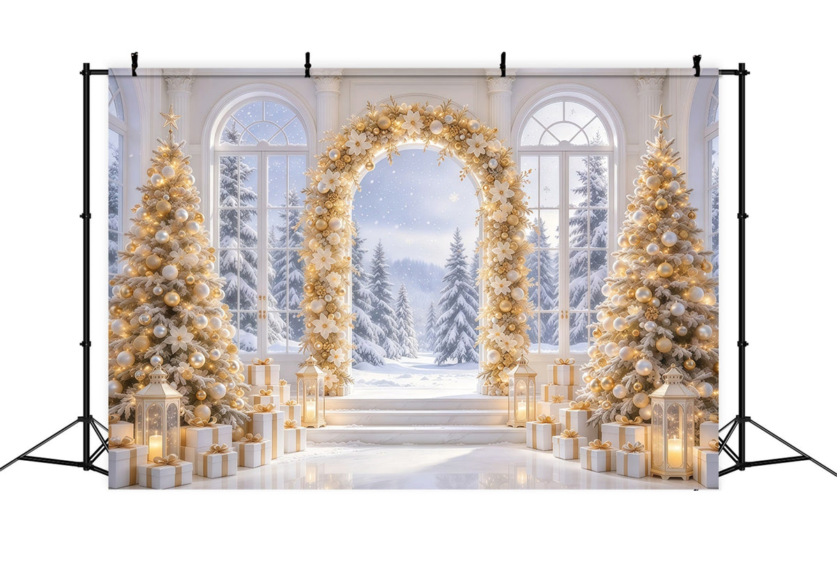 Fond De Noël Blanc Et Or Arche Florale Dorée GQ69-79