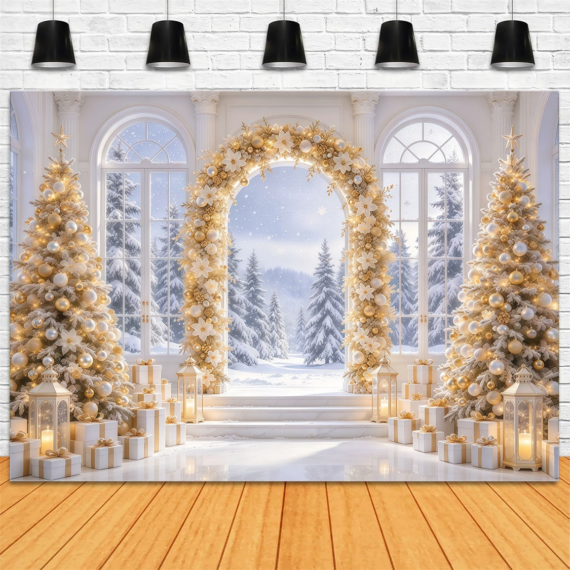 Fond De Noël Blanc Et Or Arche Florale Dorée GQ69-79