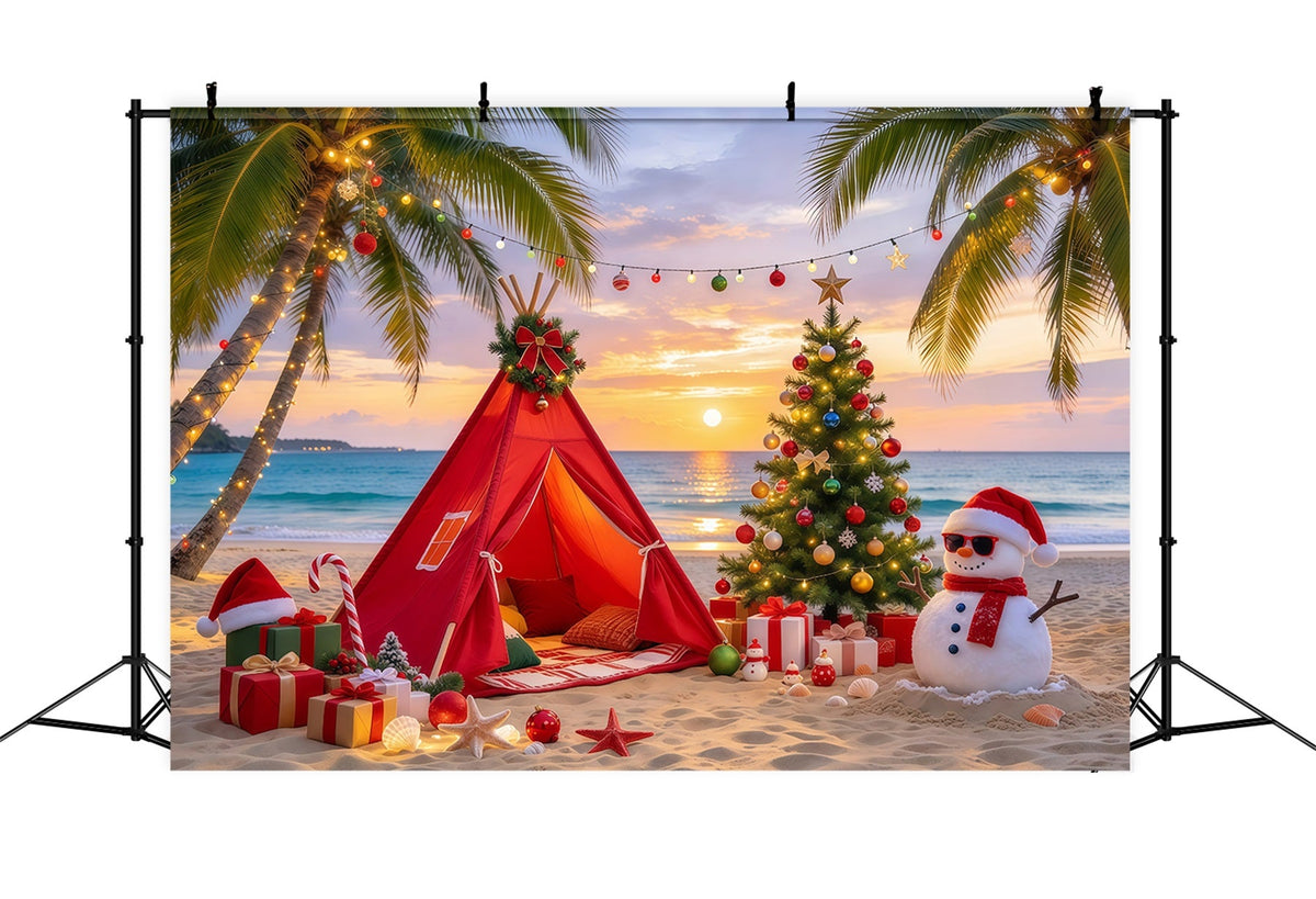 Fond De Noël Traditionnel Plage Tropicale Camp Bonhomme Neige GQ69-81