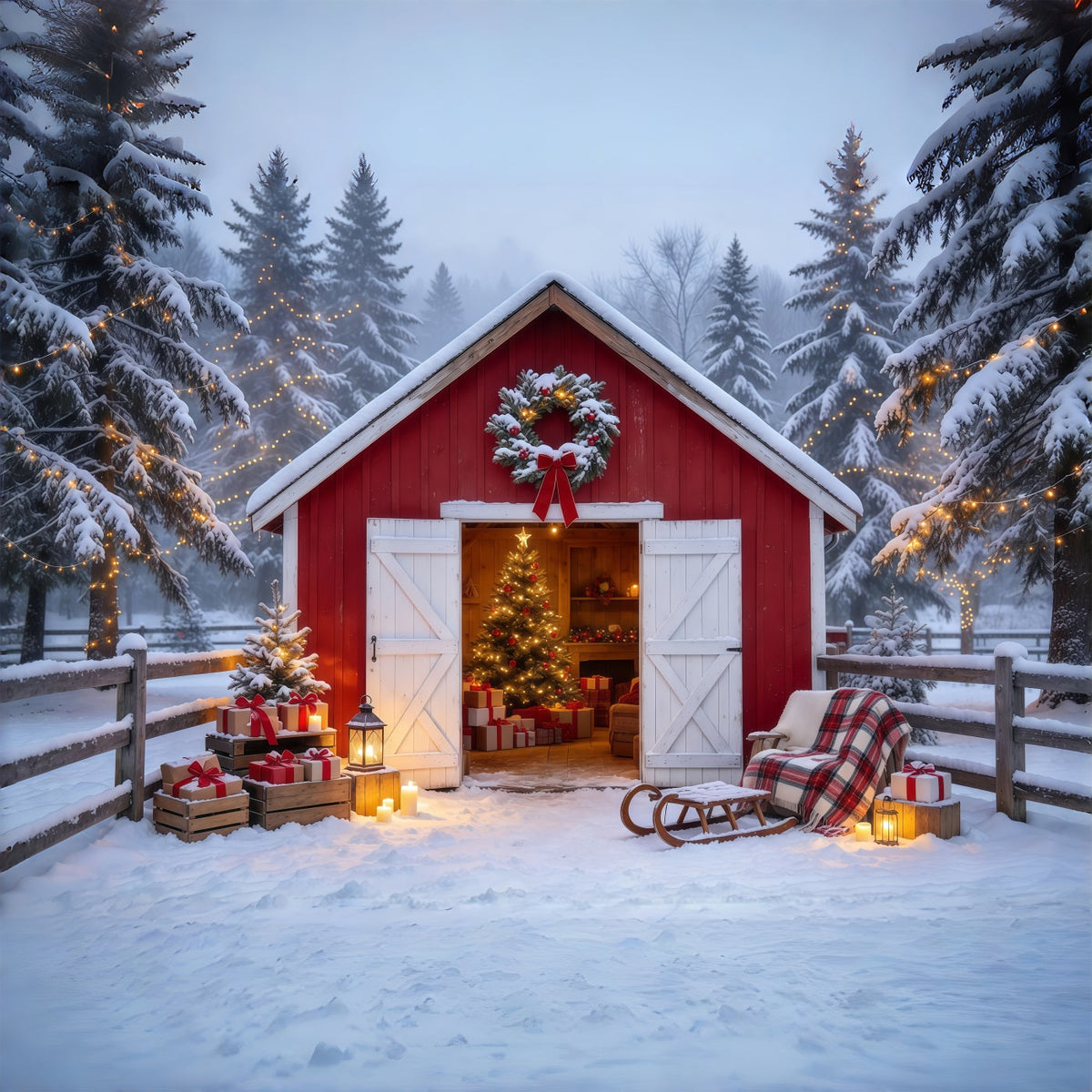 Fond De Noël Campagnard Refuge Grange Rouge Enneigée GQ69-84
