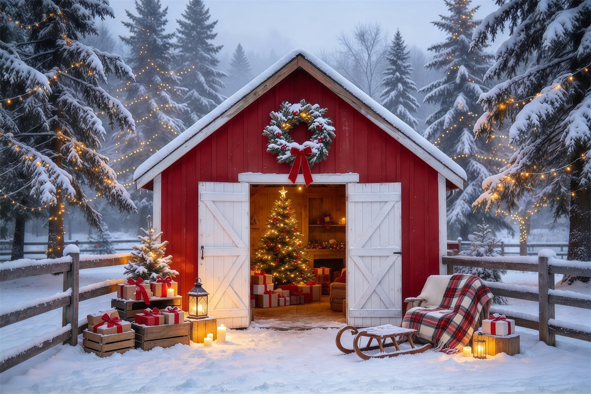 Fond De Noël Campagnard Refuge Grange Rouge Enneigée GQ69-84