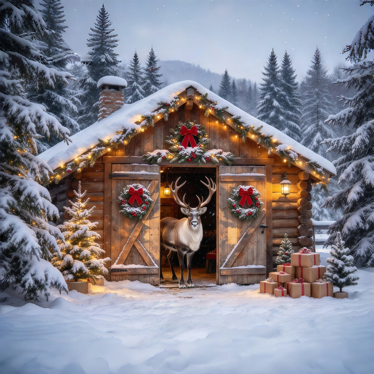 Fond De Noël Hiver Entrée Chalet Rennes Enneigé GQ69-88