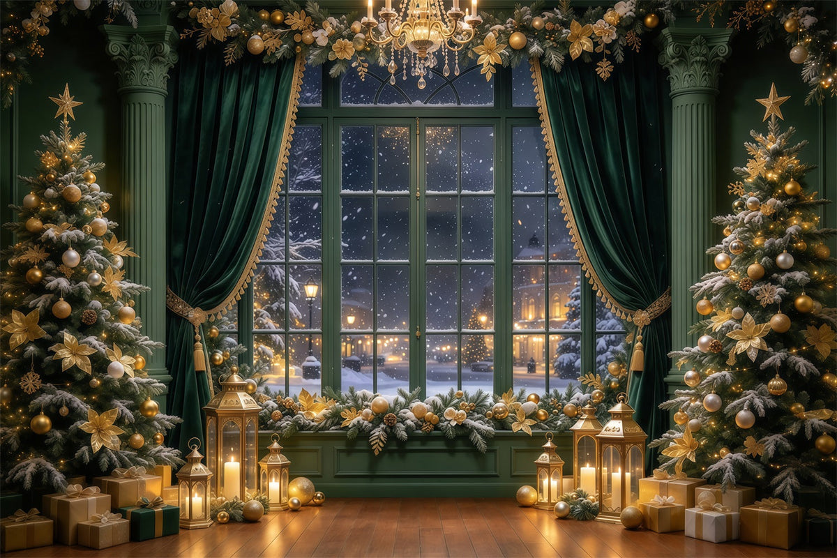 Fond De Noël Rideau Émeraude Fenêtre Dorée GQ69-89