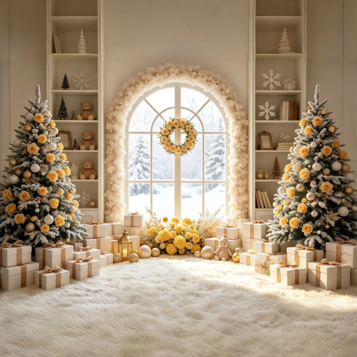 Décor De Chambre De Noël Fenêtre Cintrée À Rosace Ivoire Décor Intérieur De Noël GQ69-9