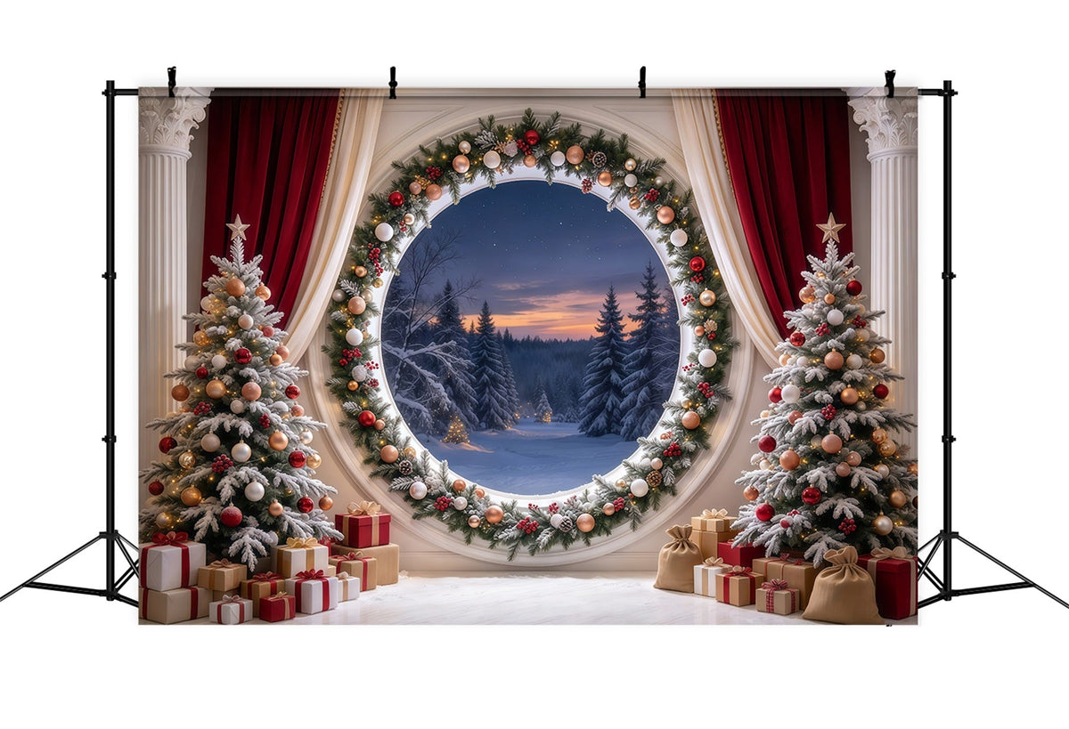 Fond De Noël Fenêtre Ronde Forêt Guirlande GQ69-90