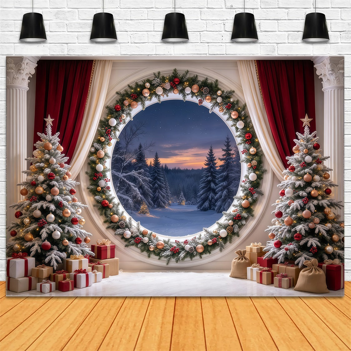 Fond De Noël Fenêtre Ronde Forêt Guirlande GQ69-90