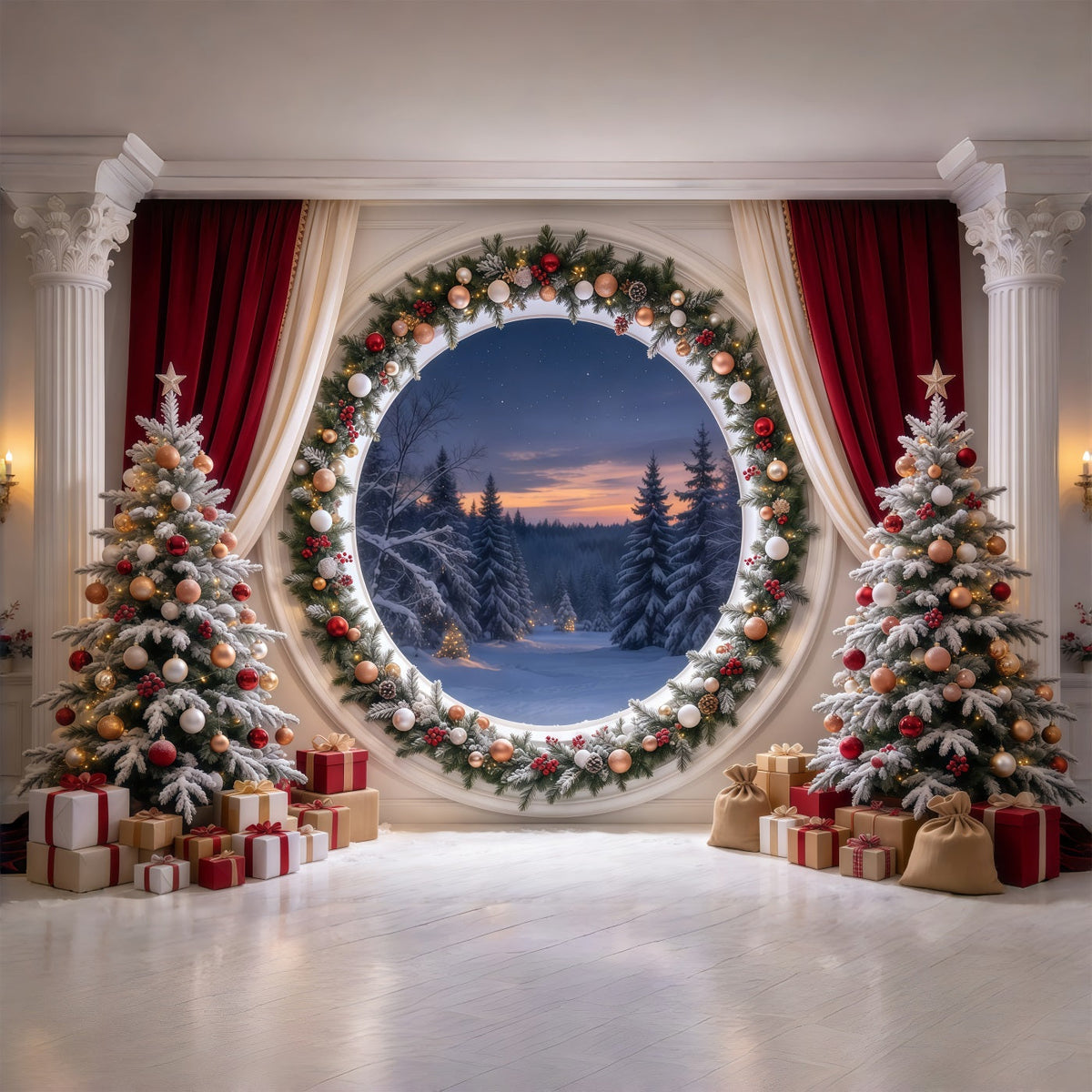 Fond De Noël Fenêtre Ronde Forêt Guirlande GQ69-90