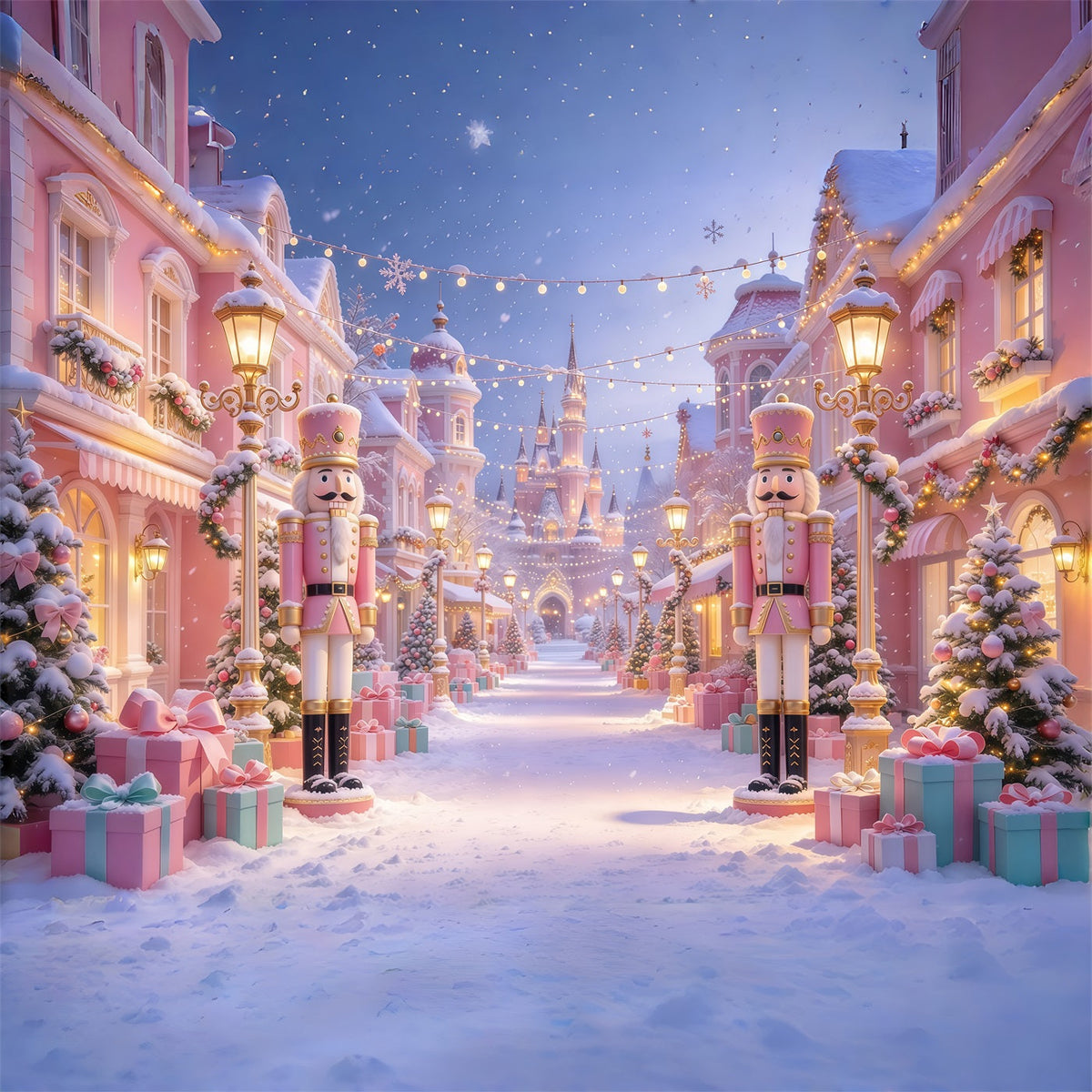 Fond Photo De Noël Château Casse-Noisette Rue Rose Colorée GQ69-92