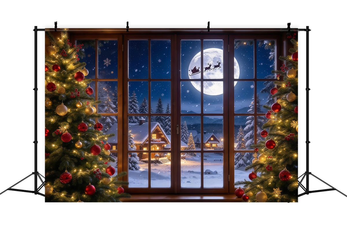 Fond De Noël Fenêtre Traîneau Père Noël Au Clair De Lune GQ69-95