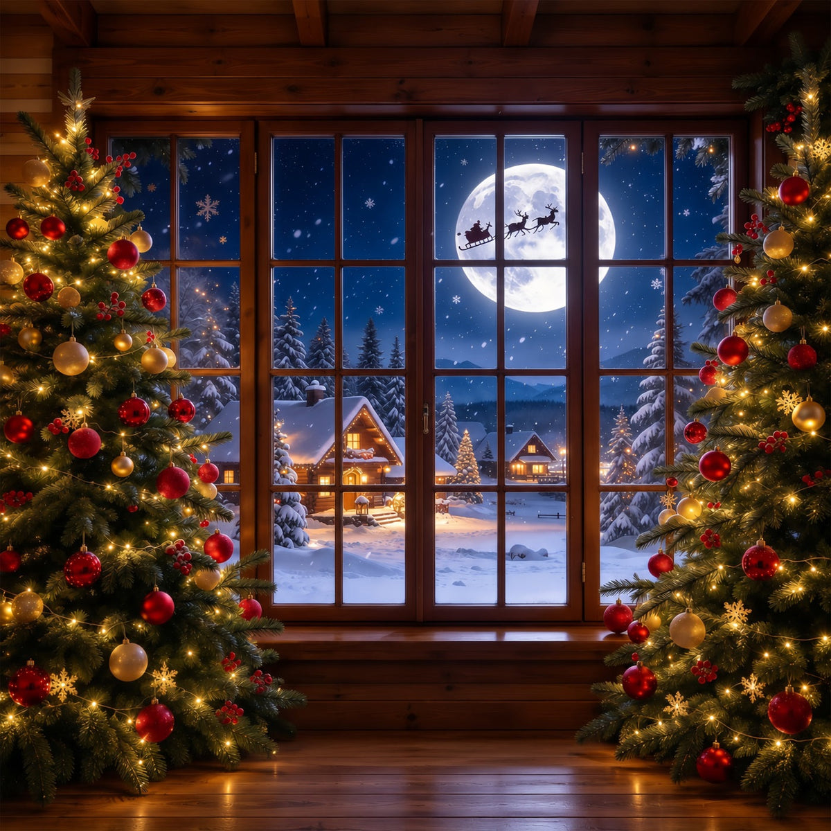 Fond De Noël Fenêtre Traîneau Père Noël Au Clair De Lune GQ69-95