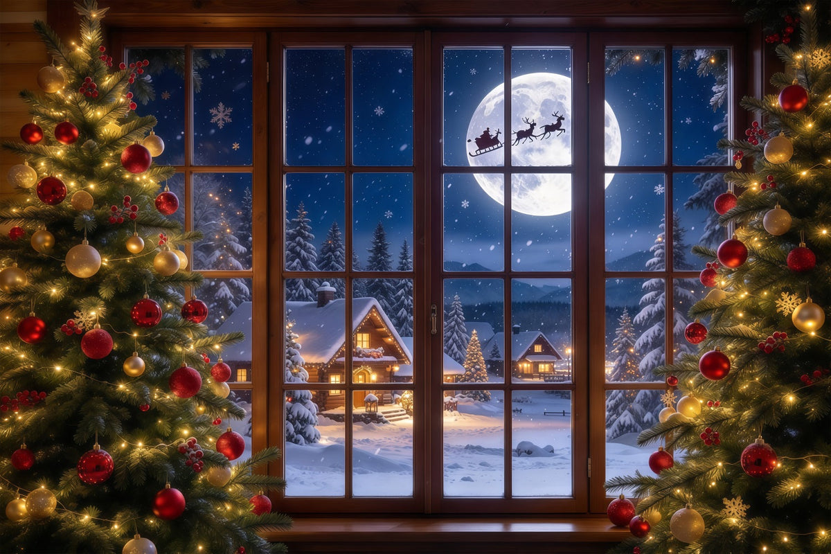 Fond De Noël Fenêtre Traîneau Père Noël Au Clair De Lune GQ69-95