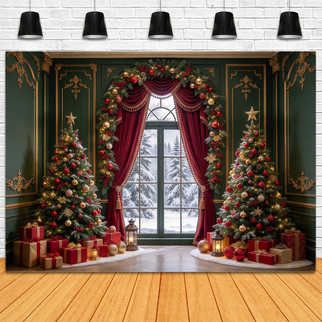 Fond Photo De Noël Rideau Émeraude Rouge Décor Tissu GQ69-96