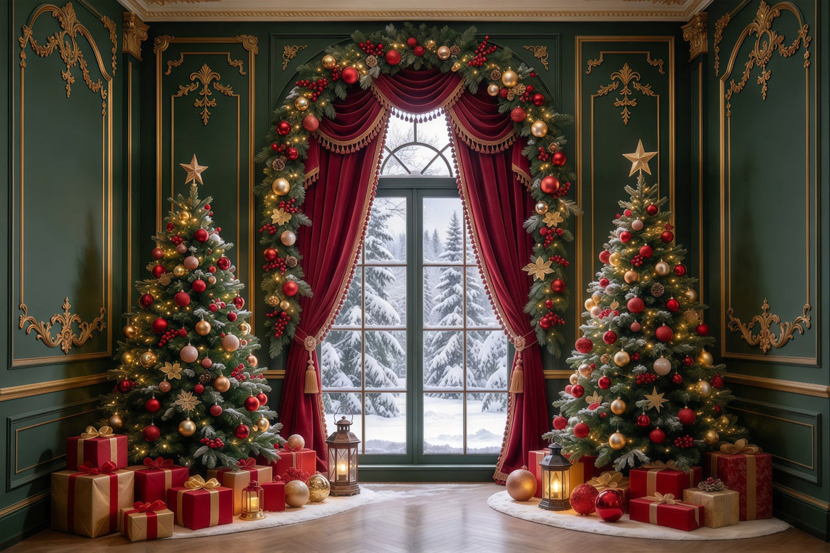 Fond Photo De Noël Rideau Émeraude Rouge Décor Tissu GQ69-96