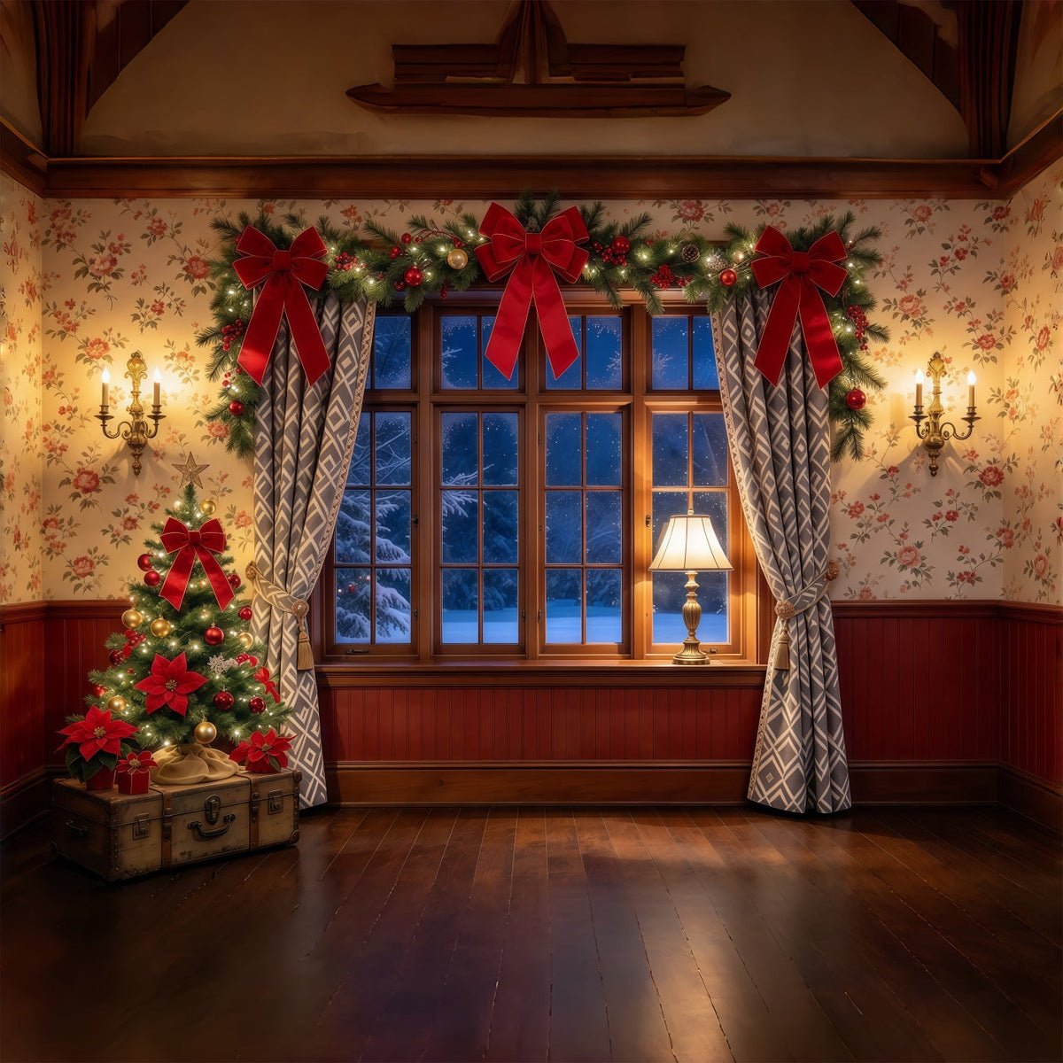 Fond Photo De Noël Fenêtre Nœud Chaleureux Décor Festif GQ69-97