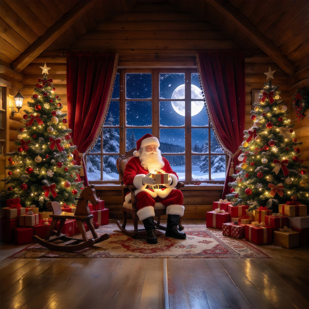 Fond Photo Père Noël Salle Cadeaux Fenêtre Au Clair De Lune GQ69-98